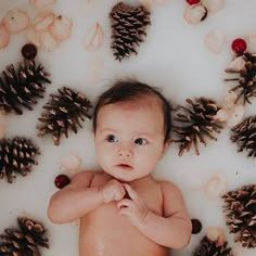 a baby laying in a bath filled with pine cones