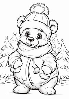 a cartoon bear wearing a winter hat and scarf