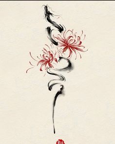 Dragon With Spider Lily Tattoo, Red Spider Lily Spine Tattoo, Spider Lily Neck Tattoo, Spider Lilly Tatoos Design, Spider Lily Tattoo Black, Spider Lily Drawing, Spider Lily Tattoo, Tato Phoenix, Dragon Tattoo Ideas