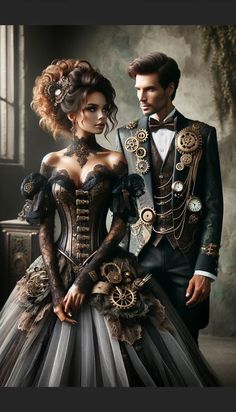 Steampunk Wedding Dress Steam Punk Brides, Steampunk Couples Costume, Steampunk Worldbuilding, Victorian Steampunk Aesthetic, Steampunk Female, Steampunk Couple, Steampunk Womens Fashion, Steampunk Fashion Women, Victorian Steampunk Wedding