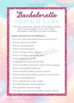 a pink and blue poster with the words bachelor drinking game on it's side