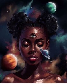 a painting of a woman with planets in the background