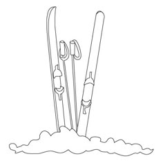 two skis and poles sticking out of the snow coloring pages, coloring sheets, skiing equipment, winter activities, drawing lessons, person, how to draw, drawings, sketches, pencil, illustration, pictures