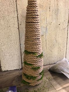 a tall rope with moss on it sitting next to a bag and some other items