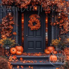 a front door decorated with pumpkins and leaves