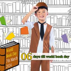 a young boy wearing a hat and vest in front of bookshelves with the words world book day on it