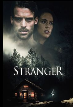 a movie poster for the film strangers with a man and woman standing in front of a cabin