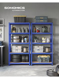 a blue shelf filled with lots of different items