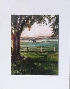 a painting of a horse grazing in a pasture by a tree with a fence around it