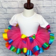 Rainbow tutu, birthday tutu, dress up and more. Tutu Size Chart, Ribbon Trim Tutu, Rainbow Tutu, Rainbow Ribbon, Pink Tutu, Birthday Tutu, Ribbon Trim, Tulle Skirt, Ribbon