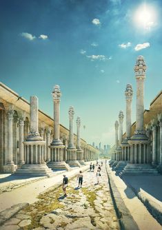 people are walking down the street in front of many columns and pillars with sky background