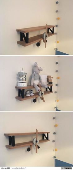 three shelves with various items on them in different positions