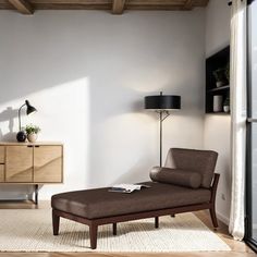 a living room with a chaise lounge chair next to a lamp and bookcase