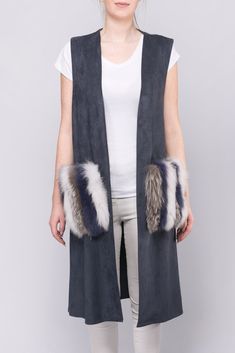 Stunning Suedette Gilet With Detachable Fur Pockets Long Gilet, Lux Fashion, Mongolian Lamb, Winter Parties, Gilet Long, Unique Dresses, Womens Jackets, Fur Collars, Fox Fur