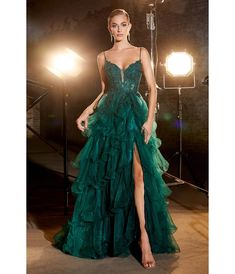 Cinderella Divine Emerald Feather Glitter Prom Dress - Unique Vintage - Womens, DRESSES, PROM AND SPECIAL OCCASION Intricate Forest Green Prom Dresses That Flare, Layered Formal Dress, Emerald Green Prom Dress With Gold Accents Tulle, Green Prom Dress Tight, Glitzy Green Formal Dress, Forest Green Prom Dress Corset Top, Emerald Green Glitter Prom Dress Long, Prom Dress Tight, Emerald Green Wedding Dress