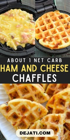 ham and cheese waffles on a plate with text overlay that reads about net carb ham and cheese waffles