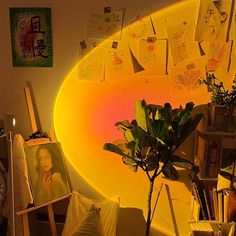 a living room filled with furniture and pictures hanging on the wall next to a potted plant