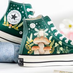 Welcome to LunnNest, a hand embroidered items shop. These are the most meticulously embroidered shoes that I give to you. I embroider them carefully and thoroughly with skillful hands. Converse type: Converse High Tops Chuck Taylor 1970s Converse color:  7. 1970s_Green Price includes: Shoes + Embroidery as Pictured I can buy it for you at a store near your home or you can send me the canvas shoes you have available. Your embroidered Converse, Vans shoes are ready to ship in 8-16 days. I need thi Converse Haute, Bedazzled Converse, Bride Converse, Embroidery Sneakers, Converse Embroidery, Converse Wedding Shoes, Embroidered Sneakers, Embroidered Converse, Cute Converse