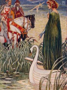 an image of a woman and two men on a boat in the water with swans