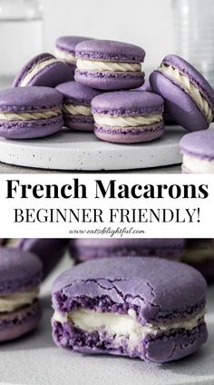 2 stacked images of French macarons: top image shows filled macaron cookies stacked on serving platter and bottom image shows close up of macaron with bite missing Pistachio Macaron Recipe Easy, How Make Macaroons, How To Make Macaroon Filling, Homemade Macaroons Easy, How To Make A Macaron, Baking Recipes Macaroons, Macaroon Buttercream Filling Recipe, All Purpose Flour Macaron Recipe, Best Macaron Filling