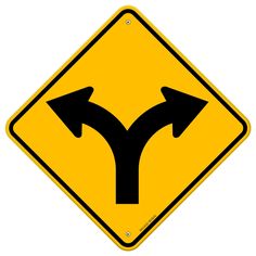 two yellow and black road signs with arrows pointing in different directions