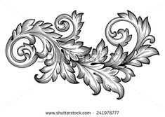 an ornate design with leaves and swirls in black and white on a white background