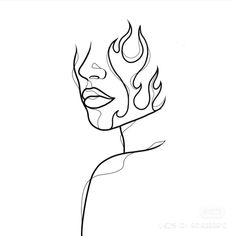 a black and white drawing of a woman's face with flames coming out of her eyes