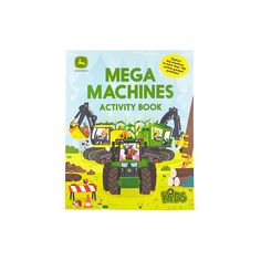 the mega machines activity book is shown in front of an image of tractors and construction equipment