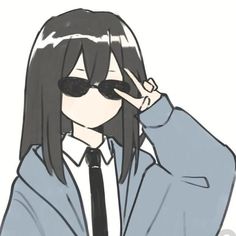 a drawing of a girl wearing sunglasses and a tie with her hand to her face