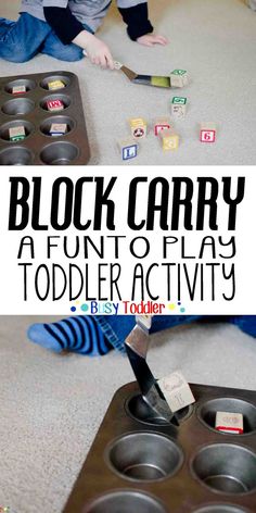 a toddler playing with blocks and toys on the floor in front of a black tray