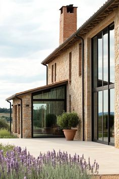 an outside view of a house with large windows and lavender plants in the foreground