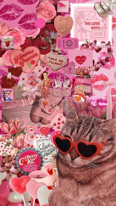 a cat wearing heart shaped sunglasses sitting in front of valentine's day collage