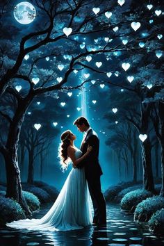 a man and woman are standing in the water under hearts floating from trees at night