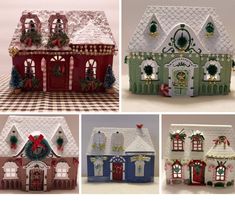 four different styles of christmas houses with decorations on the top and bottom, all decorated in red white and green