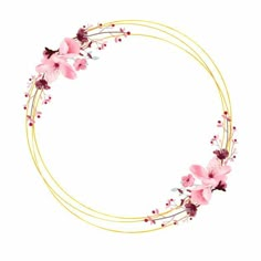 a wreath with pink flowers and gold wire around the edges, on a white background