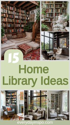 some bookshelves and couches with the words 15 home library ideas