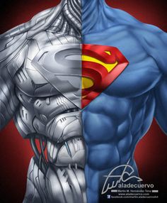 the back and side of superman's chest are shown in two different colors, one with