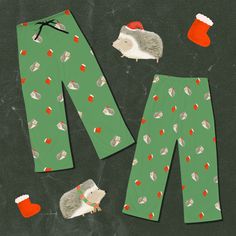 These adorable Hedgehog Christmas PJs have such a nostalgic, retro feel to them!  The holiday pajama pants are made from 100% polyester jersey knit fabric and have a relaxed fit... making them the ultimate comfy pajamas for lazy Christmas holidays just like when you were a kid! They are cozy but light and breathable so they are great for those that 'sleep hot.'  The back elastic with the black drawstring tie creates the perfect fit.  100% polyester White seam thread Light fabric Relaxed comfort Lazy Christmas, Hedgehog Christmas, Christmas Pyjamas, Comfy Pajamas, Nostalgic Christmas, Christmas Jammies, Jersey Hat, Pajamas Comfy, Christmas Pjs