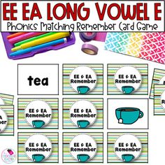 the ee ea long voie e phonics matching reminder card game is shown