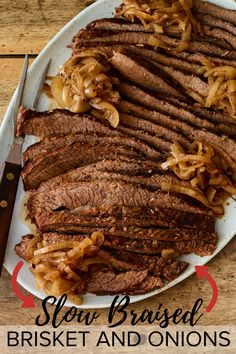 sliced brisket and onions on a white plate