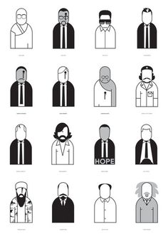 the silhouettes of people in suits and ties, all wearing different types of glasses