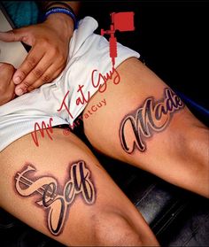 two people with tattoos on their legs and one has the word love written in cursive writing