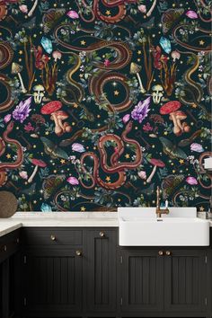 Image of a dark and alluring night forest filled with elusive glowing mushrooms wallpaper from Happywall. Whimsical Peel And Stick Wallpaper, Unhinged Wallpaper, Nocturnal Aesthetic, Forest Animal Wallpaper, Mushroom Mural, Tiki Kitchen, Mystical Wallpaper, Dark Botanical Wallpaper, Home Bedroom Design