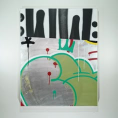 an abstract painting with black, white and green colors