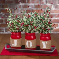 three red mason jars with christmas decorations in them