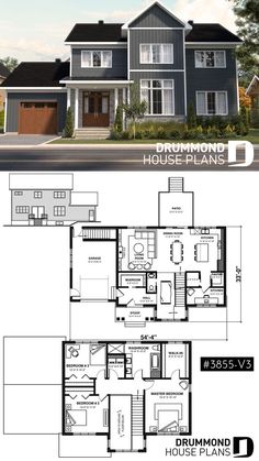 two story house plan with three car garages and an open floor plan for the second level