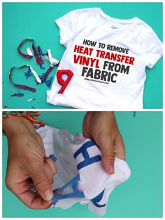 two pictures one showing how to remove heat transfer vinyl from fabric and the other shows how to reuse t - shirts