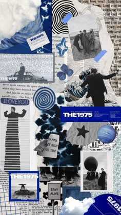 the collage is made up of many different pictures and words, including an image of people