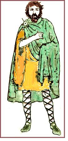 a drawing of a man with a beard and green clothes, holding a yellow object in his right hand