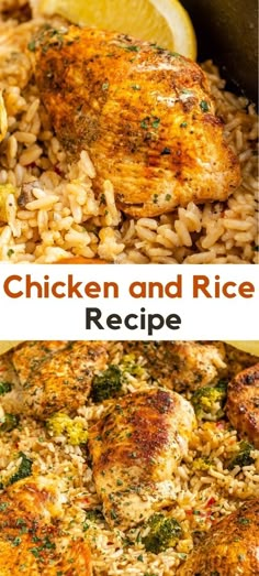 chicken and rice in a skillet with lemon wedges